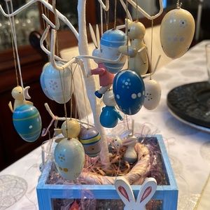 Vintage. Easter tree lots of mini wooden ornaments. Eggs and bunnies